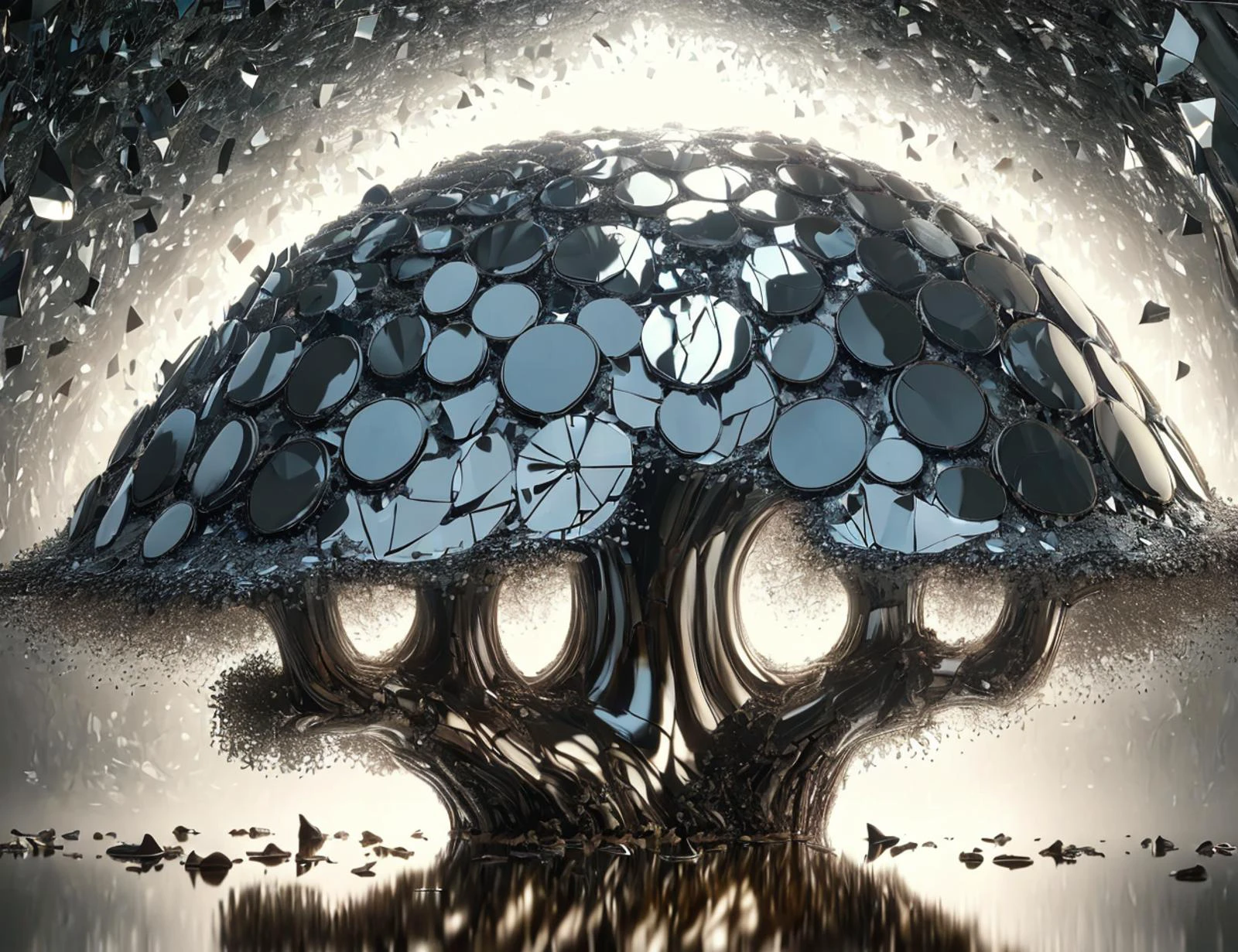 masterpiece, awesome quality, cinematic lighting, detailed, DonMBr0ck3nM1rr0r chocolate lush flat grooved mushroom, curled, beneficial mycorrhizae, antarctic, saprophytic, evenly spaced pores,,sheathing annulus colorless bulbous base, natural healing, } <lora:DonMBr0ck3nM1rr0r:1>