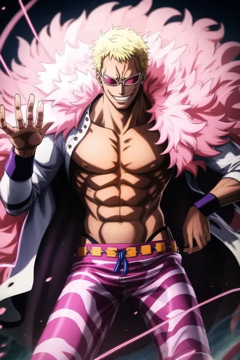1boy, doflamingo, boa_coat, action_pose, string, smile, sunglasses, teeth <lora:Doflamingo:0.7>