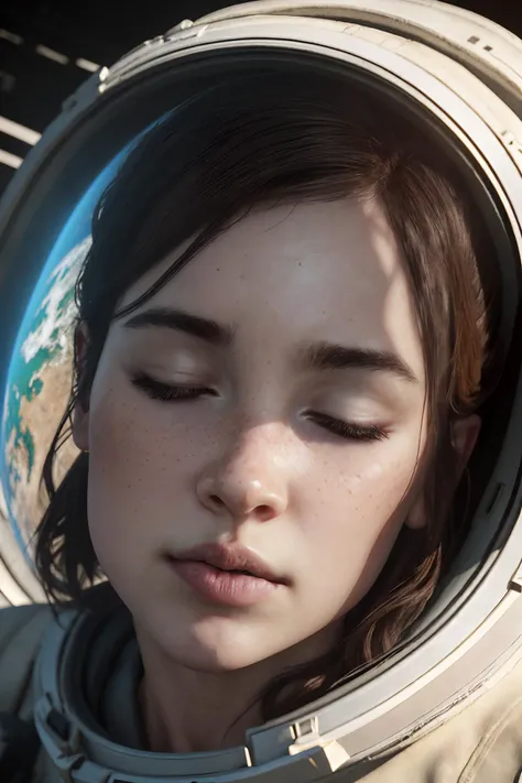 highres, masterpiece, perfect ligthing, bloom, cinematic lighting, adult,  perfect skin, female, looking at viewer, portrait, (RSEEmma:1.5), <lora:RSERomantic_RSESofiko_RSEEmma-v1:0.3>, freckles, brown hair, <lora:3ll13tl02:0.6>, (3ll13tl02:1.2), eyes closed, white spacesuit, astronaut, (space:1.0), (earth:1.6), dome, black sky, italy,