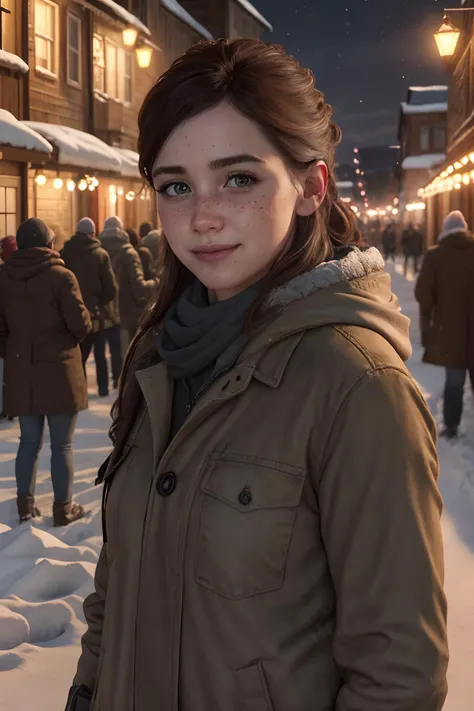 highres, masterpiece, perfect ligthing, bloom, cinematic lighting, adult, light rays, perfect skin, female, portrait, looking at viewer, face, (RSEEmma:1.5), small breasts, smile,<lora:RSERomantic_RSESofiko_RSEEmma-v1:0.3>, freckles, brown hair, <lora:3ll13tl02:0.6>, (3ll13tl02:1.2), wyoming, snow, coat, cold, wooden houses, wooden city, night, dark sky, street, colorful christmas lights, color lights, rainbow lights, crowd, post-apocalyptic,