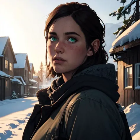 3ll13tl02, woman, 1girl, solo, mature, anime,  professional artwork, semi-realistic, sharp lines, beautiful eyes, [green eyes], (sharp focus), looking at the viewer, outdoors, in a village, snow, winter, rural setting, contrast, clean, comic book, illustration, [[anime style]],  complex lighting,
 <lora:3ll13tl02:0.6>