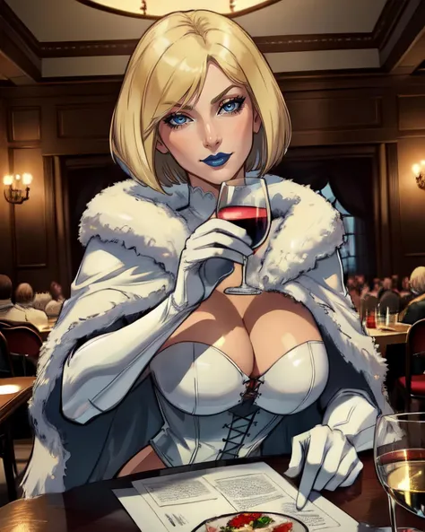 beautiful, (masterpiece:1.2), (best quality:1.2), perfect lighting, pov, 1girl, mature woman, EmmaFrost, bob cut, blue lipstick, corset fur cloak, cleavage, gloves, sitting, at table, drinking wine, dinner, smirk, fancy, ornate, <lora:frost1_2-10:0.8>, foreshortening, depth,