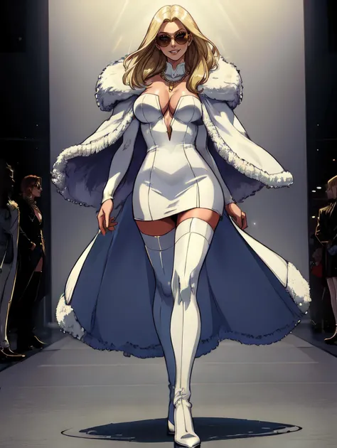beautiful, (masterpiece:1.2), (best quality:1.2), perfect lighting, center of frame, full body, 1girl, EmmaFrost, mature woman, shirt dress, fur cloak, cleavage, arms down, thigh highs, giant gold chain necklace, sunglasses, walking, seductive smile, strut, <lora:frost1_2-10:0.7>, foreshortening, depth, lens flare, back light, runway, simple background,