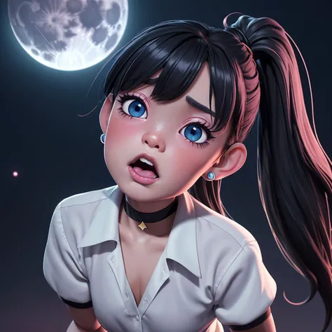 1girl, 20 years old, 1male, pretty face long black hair, bangs, ponytail, dark blue eyes, light blush, light makeup, small perky breasts, seductive eyes, moon earrings, white business shirt, choker, black tights, exhausted, open mouth, tongue out,seductive, heavy blush, looking up, sweaty, messy hair,, detailed background, night, moonlight,volumetric lighting, vivid colours,Expressiveh, shot from above, AS-YoungerV2, 8hit8, LarkinLoveTI