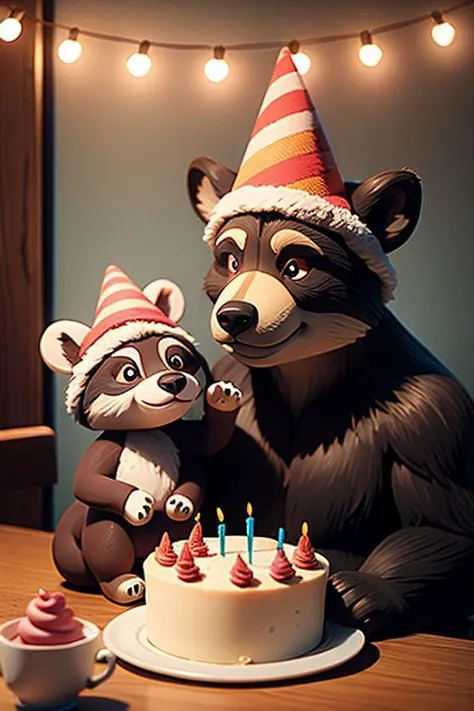A bear and a raccoon are sitting at the table, birthday cake, in festive caps