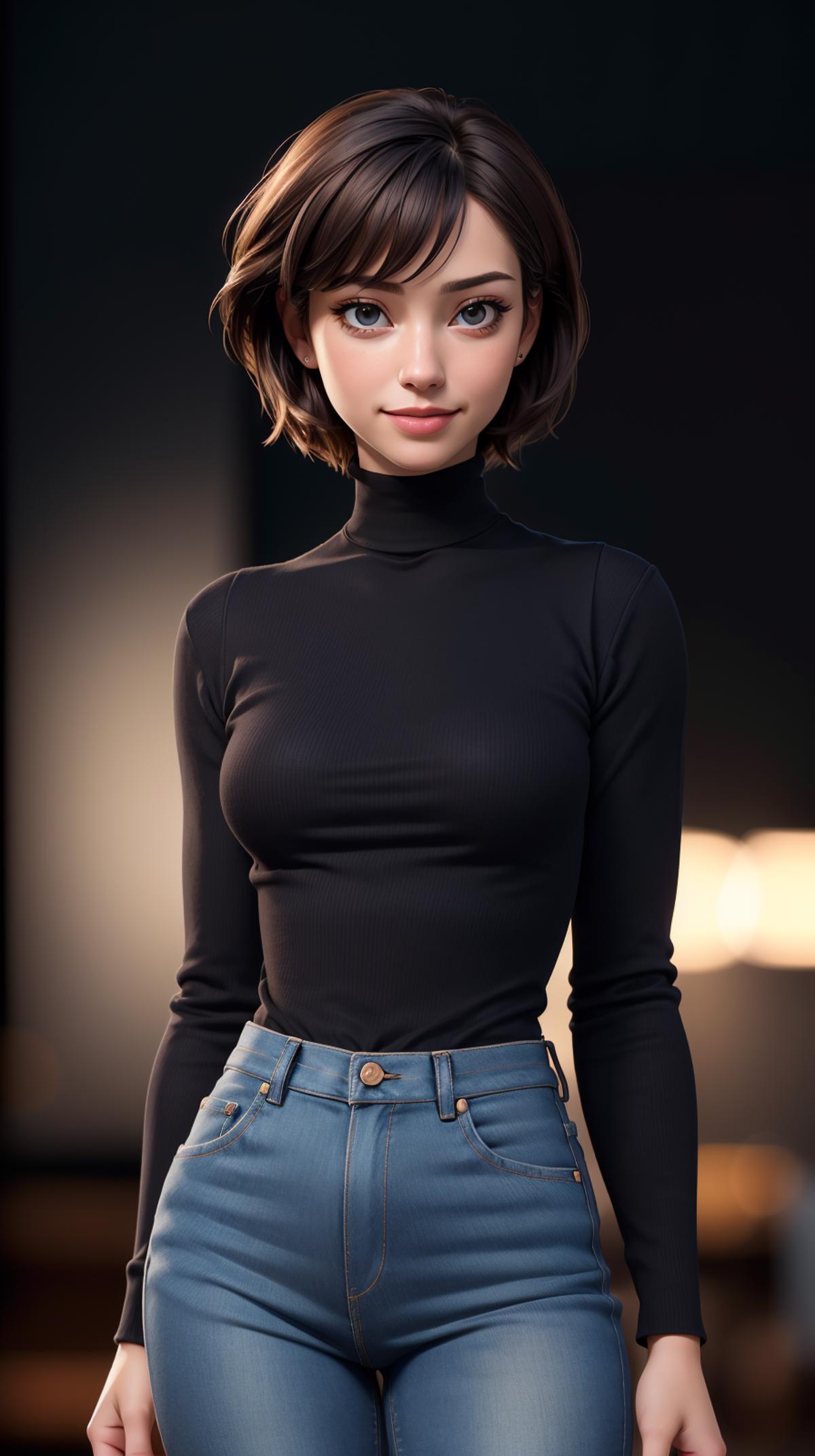 A woman in a black top and jeans posing for a picture - SeaArt AI