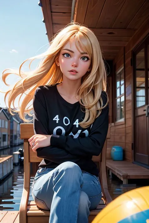(404:1.5), 404 text logo, dream city, exploding, (floating houses:1.3), thriller, beautiful blonde woman, reverse sitting on a wooden chair, wearing a black shirt and jeans, her hair is blowing in the wind, adding a sense of motion to the scene. The woman is looking off into the distance. The chair she is sitting on is positioned in the center of the image, with the woman as the main focus