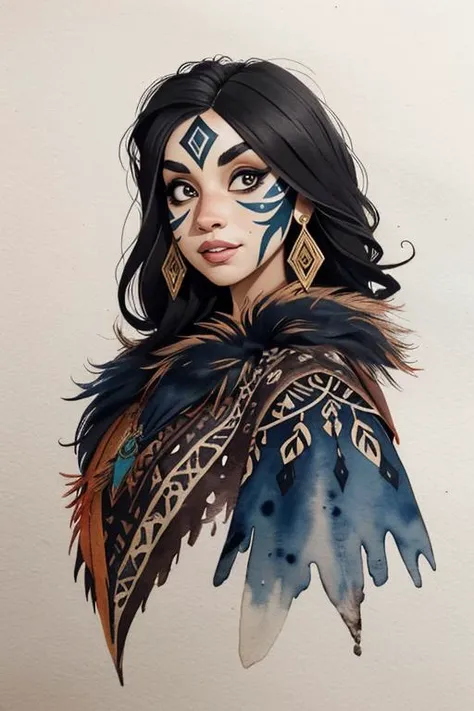 ink illustration, on parchment, ink splashes, ink stains, ink smears, faded ink, (fantasy:1.4), woman in fur clothes, dark hair,tribal,barren landscape,tropical plants,looking at viewer,watercolor,tribal face paint,warm tones,
<lora:detail_slider_v4:-0.5>