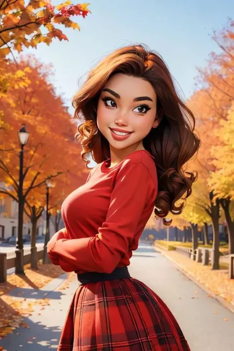 (masterpiece, best quality:1.2), outdoors, autumn leaves, solo, 1girl, smile, looking at viewer, arms behind back, red shirt, long sleeves, skirt