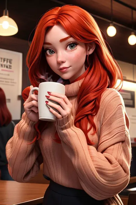 real photo, a very beautiful red-haired girl in a warm sweater drinks coffee