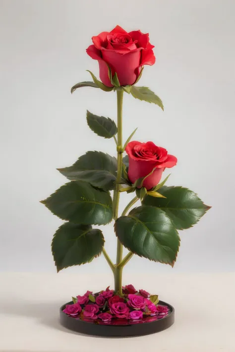 A single rose growing from a pile of shimmering rubies on top of a white table with a plain white background. <lora:Sexy-Figures:1>