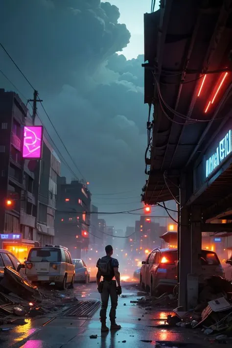 ((wide view)), (((wasteland))), (broken streets), (((a man standing in front of huge mechanical wreckage))), (dim light), (broken bridge), steel bars, (((air rail cars))), scattered power lines, electric sparks, tattered future vehicles, garbage dumps, ((stagnant water in the beach)), rocks, ((dense weeds)), (dense dust smoke), ((ruined neon lights)), thick clouds, ((night view)), high quality, (super fine) , (light detailed), detailed, accurate, 16k resolution, master works, (cinematic lighting), (cyberpunk style), dynamic perspective