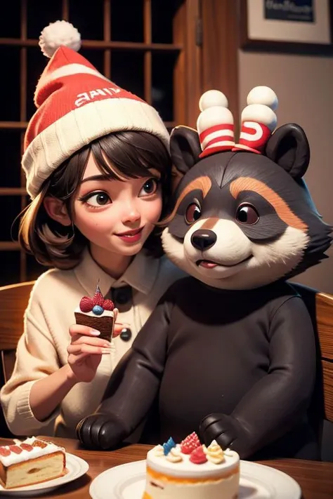 A bear and a raccoon are sitting at the table, birthday cake, in festive caps