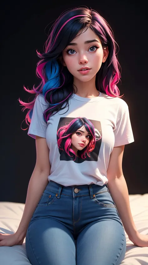 DEN_mihrimah_SG wearing a ((oversized t-shirt:1.2)), ((rocker t-shirt)), ((colored hair)), long hair, hyper realistic, 4k, medium breasts, masterpiece, beautiful, facing the viewer, headshot, pale skin, fair skin, denim pants, ((nasolabial folds)), DSLR RAW PHOTO, 8K, POV, canon 5d, 85mm, ((bedroom, early morning, sitting on a bed, dim lights, black background)), smirk, sexy pose, AS-Adult, (RAW photo:1.2), (photorealistic:1.4), (masterpiece:1.4), (best quality:1.4), ultra high res, ((detailed facial features)), HDR, 8k resolution, upper body, \(nikke\), (masterpiece:1.4), (best quality:1.4), (shiny skin), <lora:p3r3zstyle:0.3>