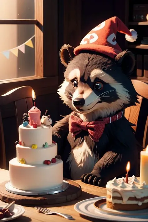 A bear and a raccoon are sitting at the table, birthday cake, in festive caps