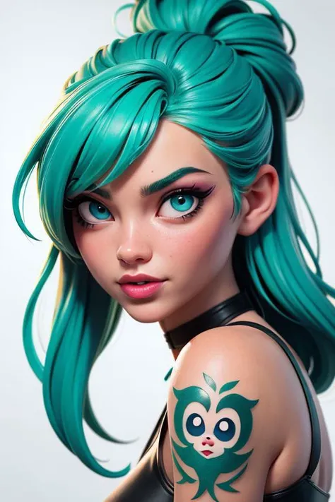 ((masterpiece, best quality)), insaneres, absurdres, solo, looking at viewer,
MainOutfit_Juri_ownwaifu,
1girl, fish girl, green hair, green lips, head fins, ribbon choker, dark skin, dark-skinned female, bandana, long hair, makeup, purple eyes, lipstick, ponytail, collarbone, eyeshadow, hair between eyes, purple choker, medium breasts, bangs, fish tail, aqua hair, eyelashes,
bodysuit, navel cutout, arm warmers, clothing cutout, midriff, bare shoulders, choker, bike shorts, monster girl, leg warmers, navel, off shoulder, cleavage, loose socks, black dress, purple bow, black bodysuit, crop top, wristband, center opening, pink shirt, sash, pink skirt, skin tight,
(portrait, close-up)<lora:ANIME_YuYuHakusho_Juri_ownwaifu:0.8>,
depth of field, vanishing point, garden,