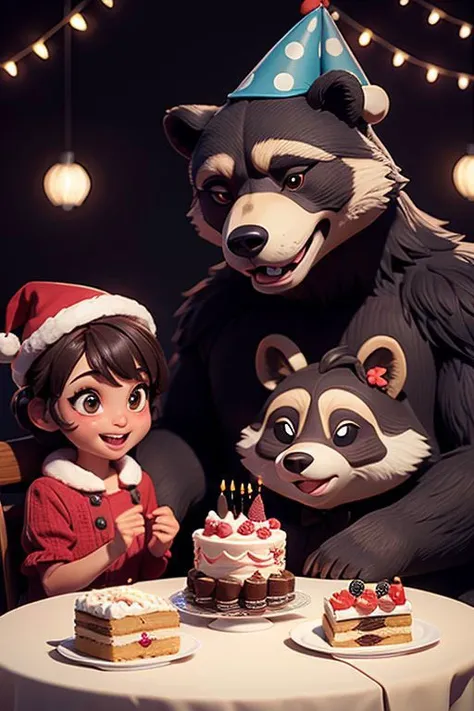 A bear and a raccoon are sitting at the table, birthday cake, in festive caps