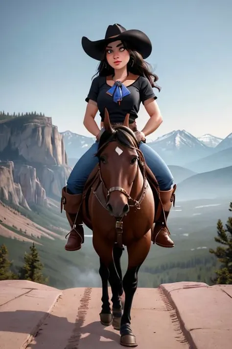 handsome, courageous 25yo girl with a strong-willed, stern face, slightly smile,
in a North American cowboy costume, a cowboy hat, a neckerchief around his neck, jeans, chaps Batwing on legs, cowboy boots, rolled lasso in his hands,
sitting straight in the saddle on a strong, powerful, energetic black horse,
lot at the viewer,
against the backdrop of the foothills of the beautiful high rocky mountains of north america
(general plan wide shot:1,5),
Ultra detailed, high resolution, UHD, 8k, ((best quality, masterpiece:1.2), ultra-detailed, realistic, HDR, top view, cowboy shot, dramatic strong lighting,