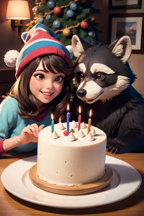 A bear and a raccoon are sitting at the table, birthday cake, in festive caps