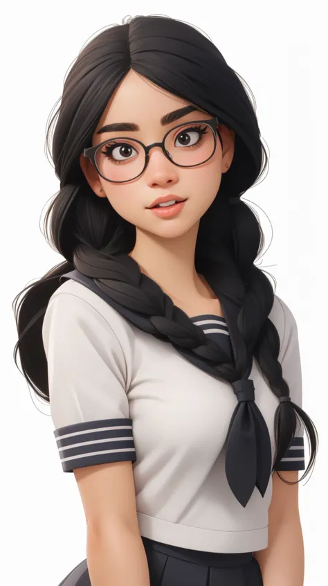 masterpiece, best quality, 1girl, black hair, braid, breasts, collarbone, glasses, hair over shoulder, long hair, looking at viewer, sailor collar, school uniform, serafuku, simple background, solo, twin braids, upper body, white background, realistic,