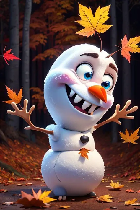 Olaf
Frozen,Olaf character,cartoon,disney,on the cover,slush,falling leaves, in the autumn forest,realistic, real photo, piercing eyes, hyperdetalization,cinematic,long shot