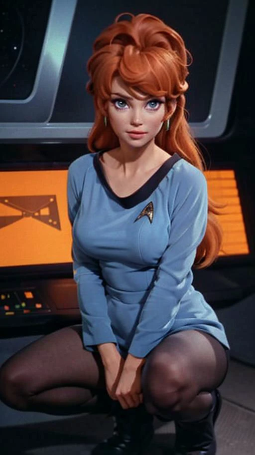 Dr. Beverly Crusher sitting on futuristic toilet (naked), spreading legs (peeing), red hair, detailed vagina, professional photograph, very bright lighting, HD,
