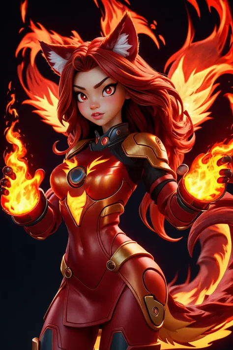 A photograph of a catgirl, fully cothed, red glowing cyberpunk dress, cute 18 year old catgirl, big cat paws, covered in red fur, fuzzy red tail, fuzzy red fur, beautiful red eyes, long red flowing hair, phoenix catgirl, fiery hair and arms, glowingeffects, fire, flames, exomagmatech, scifi, lava made, firefull, translucent, 4k, 35mm film, <lora:CatgirlLoraV7:0.4>, <lora:ExoMagmaTech:0.4>, <lora:FireElement_concept:0.4>