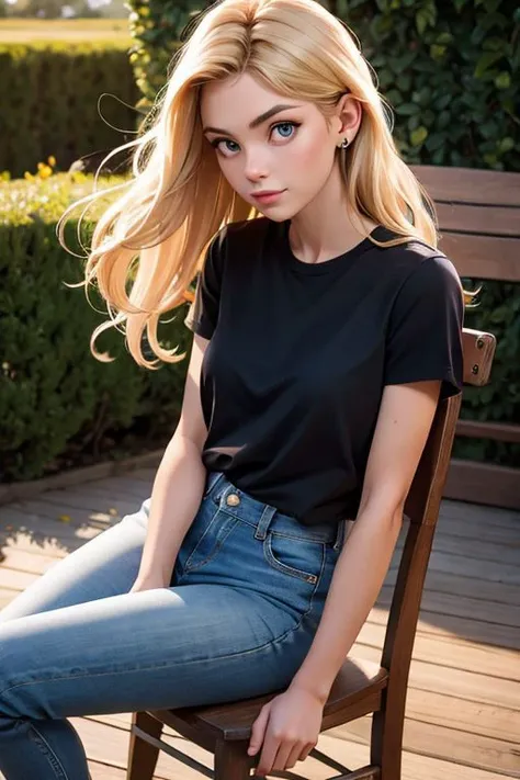 beautiful blonde woman, reverse sitting on a wooden chair, wearing a black shirt and jeans, her hair is blowing in the wind, adding a sense of motion to the scene. The woman is looking off into the distance. The chair she is sitting on is positioned in the center of the image, with the woman as the main focus
