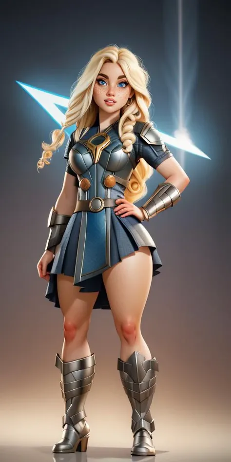 ((best quality)), ((masterpiece)), ((realistic)), (detailed), (Pin-up), female thor, freckles, blond, electric hair, long hair, blue eyes, detailed eyes, wearing thor costume, (Thors hammer, Marvel), full body, looking at the viewer, cute smile, (detailed background, Asgard), cinematic light, art by artgerm, art by warren lou <lora:thicc_v2.3:1>