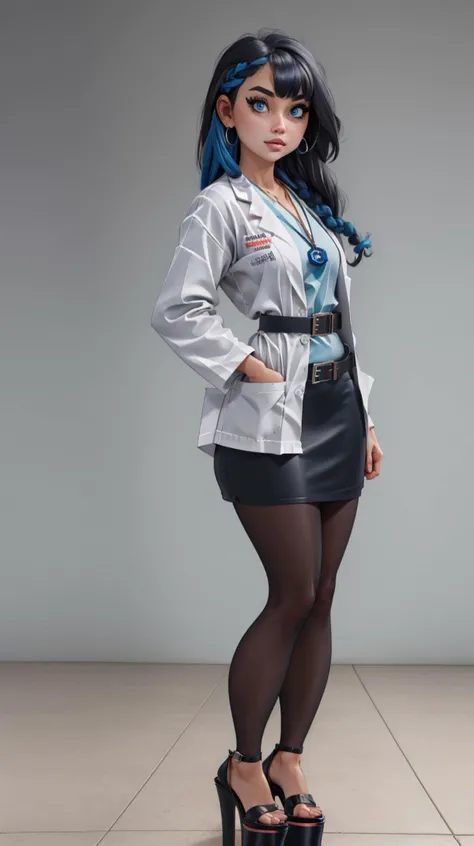 masterpiece, best quality, 1girl, solo, <lora:gijinkaseries_civitai:0.8> civitai-chan, blue eyes, braided bangs, labcoat, necklace, shirt, shirt tucked in, single vertical stripe, black skirt, pencil skirt, pantyhose, up laced sandals, platform high heels, belt, concrete, grey background, shinny floor, white floor