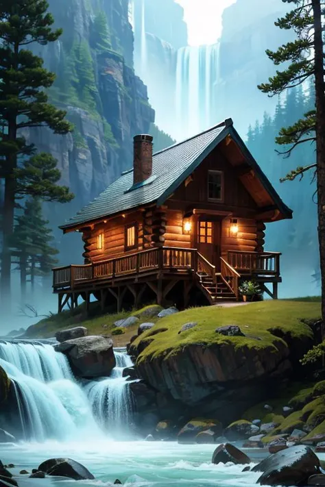 art book drawing, engraving, horror aesthetics, color illustration, space map, natural colors, ultra-high resolution, clarity, aesthetically pleasing, color engraving, a small log cabin stands on the shore of a stormy rocky mountain stream, next to a waterfall, taiga, dense forest, fog, splashes of water, giant pines, aesthetically pleasing, beautiful, 4k, high resolution, high detail
