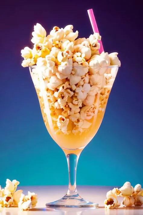 thoughtful, popcorn-shaped cocktail with a straw on a beautiful comic-style background,