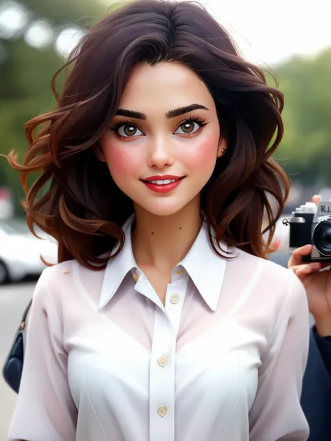 Realistic photo of a beautiful k3r1rus woman, 1girl, solo, long hair, looking at viewer, smile, brown hair, shirt, black hair, closed mouth, white shirt, upper body, outdoors, open clothes, solo focus, collared shirt, blurry, lips, coat, dress shirt, makeup, depth of field, blurry background, lipstick, realistic, unbuttoned, red lips, partially unbuttoned, professional Photography, Photorealistic, detailed, RAW, analog, sharp focus, 8k, HD, DSLR, high quality, Fujifilm XT3, film grain, award winning, masterpiece<lora:k3r1rus:1.0>