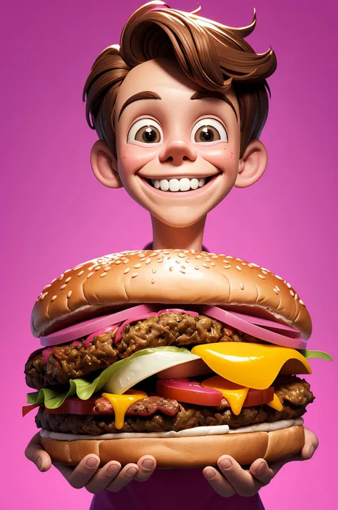 simple background,pink background, holding a huge hamburguer,glowing haze,masterpiece,high quality,brown hair,(dynamic pose)(dynamic camera),<lora:anti_longtorso_v10:0.8>,<lora:eye_size_slider_v1:4>,<lora:add_detail:0.1>,<lora:color_slider_v2:2.5>,[happy512:grin512],