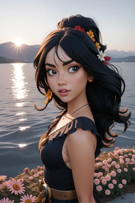 1girl, epic Digital artwork, Phenomenal lake and flowers, award winning, upper body shot of a [Cloudy|Pretty] Harsh ("The Nightmare After Krustmas":1.3) , [Minimalist|Angry] Shrine in background, at Sunset, Wide view, (by Fabio Hurtado:0.9) , Ultra Real, Shameless, Technopunk, Indirect light, Circular polarizer, BW, blended visuals, dripping with Black, award winning, 8K