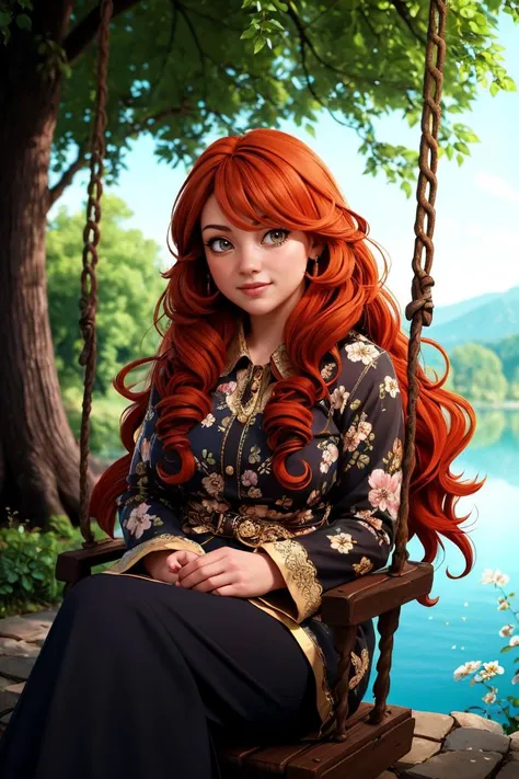 1girl, big hair, curly hair, long hair, long sleeves, looking at viewer, orange hair, red hair, ringlets, shirt, solo, wavy hair, lake, nature, dappled sunlight, flower, tree,swing, sitting,
masterpiece, best quality, intricate details, <lora:backlight_slider_v10:-0.5> <lora:contrast_slider_v10:3> <lora:weight_slider_v2:0.7>