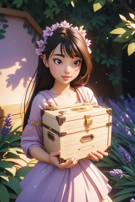 1girl, cute Digital art, hyper detailed, Studio shot of a Absurd Large ("Trick Box":1.3) , plain Lavender background, lush trees and vegetation, Snowing, Bokeh, Overdetailed art, Zen, Realism, Light and shadow plays, Low shutter, Sepia filter, bloom, Bright design, most beautiful artwork in the world, arthouse, symmetry
