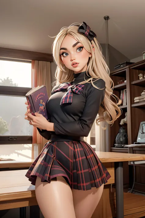 S227_PolinaKalashnikova ,nerdcore  schoolgirl uniform,books,plaid,sexy, small breasts,thigh high socks,,bow,ribbons, miniskirt,brown strait hair, Calm expression with a serene smile
 <lora:Rembrandt Lighting Style:0.8> Rembrandt Lighting Style <lora:kinsey:1>