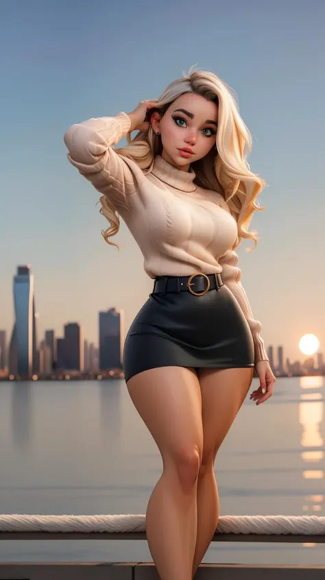 <lora:N3ring4K:0.4> wearing (cream colored wool sweater:1.3), (skintight black skirt:1.2), large belt, posing for picture, hand on hip, hand in hair, high heels, long wavy hair, perfect big eyes, looking at viewer, round breasts, wide hips, city skyline background, beach background, sunset, see through, toned thighs, shallow depth of field, vignette, highly detailed, cinemascope, moody, epic, gorgeous, film grain, neringa_t_v10-600