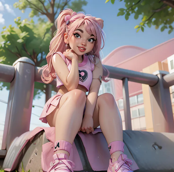 vanilopa <lora:vanilopa:1>,blond and pink hair,crop top,pink micro skirt,pink sneakers,Flirty smirk with a raised eyebrow,heartshape earings,pink collar,holding teddybear,sitting on a towel in a park, trees,sunshine,wind,   <lora:Gothpunkgirl:0.8> <lora:Expressive_H:0.8> Expressiveh,