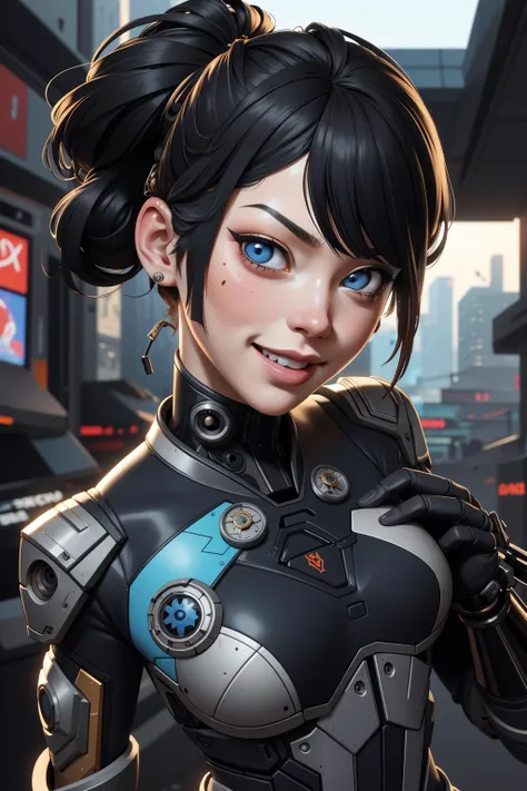 a futuristic girl in a suit with a gun in her hand, standing in front of a background of smoke and debris, Aleksi Briclot, mecha, cyberpunk art, afrofuturism, tattoo, smile,
masterpiece, best quality, intricate details, absurdres, <lora:VividAnimeV1.6:1> VividAnime, 1girl,lips,
