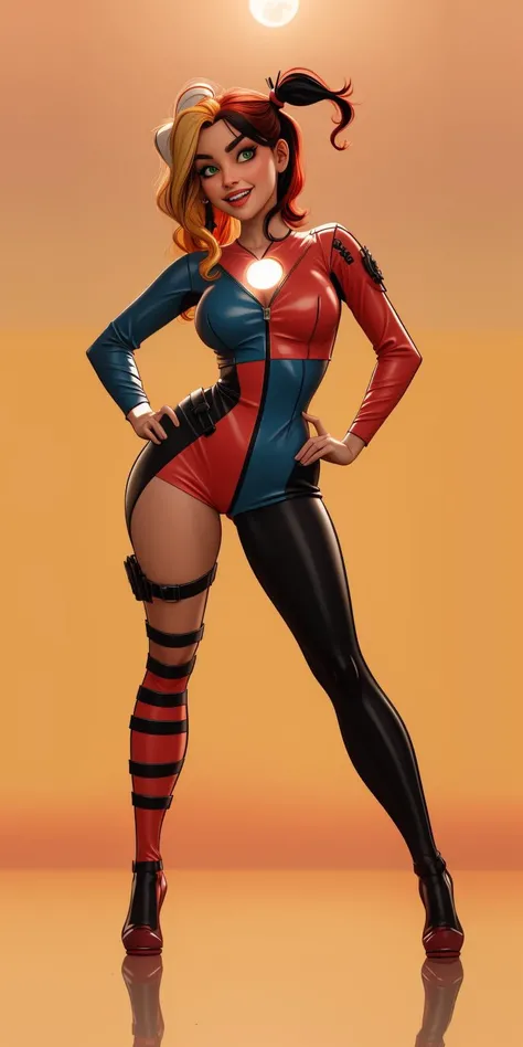 (masterpiece, best quality, highres:1.2), (photorealistic:1.2), (intricate and beautiful:1.2), (detailed light:1.2), (soft lighting, side lighting, reflected light), (colorful, dynamic angle), full body shot, fashion photography, 1girl, person/nsfw/poses, SOLO, (Harley Quinn) in highly detailed Harley Quinn costume, active pose, (high resolution textures), bokeh, (intricate detail, hyperdetail:1.15), detail, moonlight, perfect orange night, (official art), (perfect skin), (sharp) <lora:more_details:0.5> <lora:th3p1t_b:0.25>