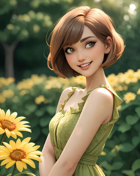 1girl erotic flirting smile slim hazelnut hair bob haircut brown eyes soft light artistic photoshoot green yellow summer dress sinister somber dark garden flowers