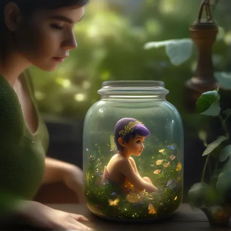 (glass jar, inside jar, beautiful pixie inside jar, (full body)), looking at viewer, 4k, fine detail, realistic, masterpiece, Kodachrome, highly detailed, garden background,