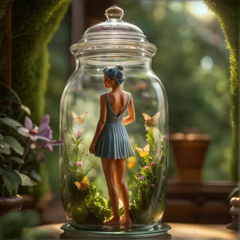 (glass jar, inside jar, beautiful pixie standing inside jar, (full body)), ((sexy, NSWF, sheer dress)), looking at viewer, 8k, fine detail, realistic, masterpiece, Kodachrome, highly detailed, garden background,
