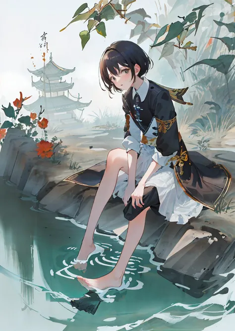 huaniao, [(white background:1.5)::5], mid shot, full body, chinese style, flowers,((fish)),stone fragment, beautiful detailed water,pool,  <lora:huaniao:1>