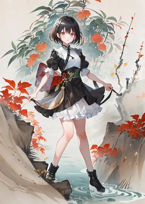 huaniao, [(white background:1.5)::5], mid shot, full body, chinese style, flowers,((fish)),stone fragment, beautiful detailed water,pool,  <lora:huaniao:1>
