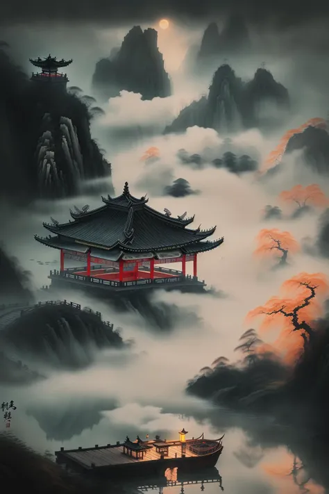 Chinese martial arts style, large area sky, ink style, outline light, atmospheric atmosphere, depth of field, mist rising, lake water, lotus flowers and leaves, small boats, pine trees, octagonal stone pavilions, arch bridges, night view,(No color), <lora:huaniao_v10:1>