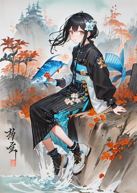 huaniao, [(white background:1.5)::5], mid shot, full body, chinese style, flowers,((fish)),stone fragment, beautiful detailed water,pool,  <lora:huaniao:1>