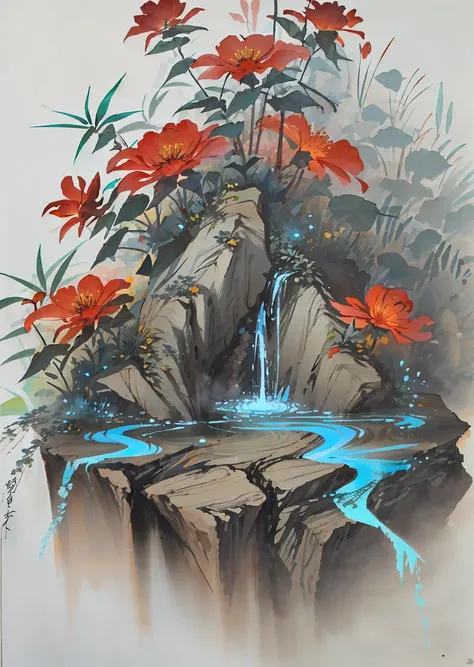 huaniao, [(white background:1.5)::5], mid shot, full body, chinese style, flowers,((fish)),stone fragment, beautiful detailed water,pool,  <lora:huaniao:1>